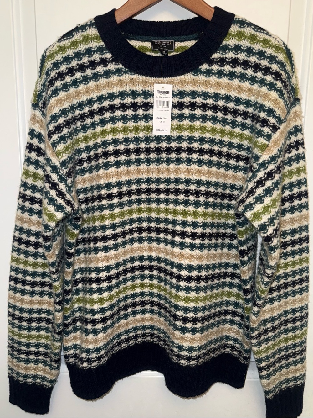 NWT Todd Snyder Bubble Stripe Crewneck Wool Sweater in “Dark Teal Multi-Stripe”